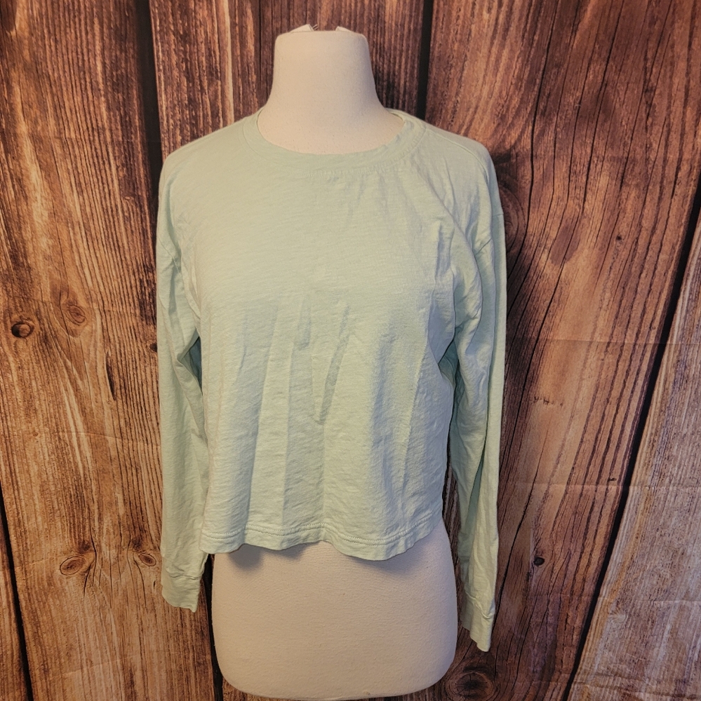 JCrew Factory Long Sleeve Cropped Crewneck Tee Size S Green